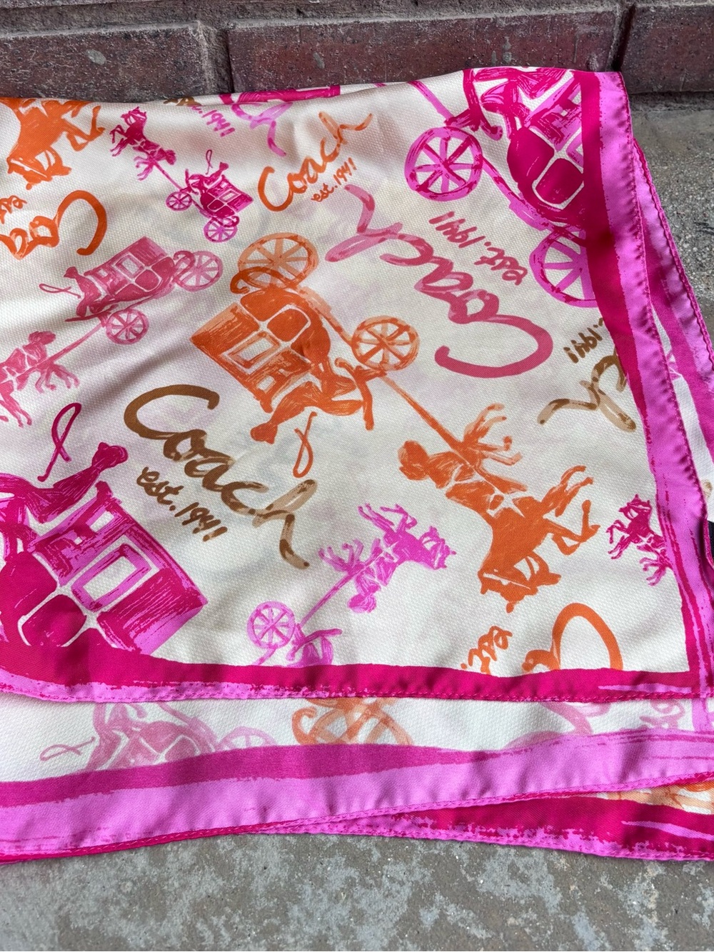 Coach Bright Pink, Orange & Cream Carriage-Print Silk Scarf
